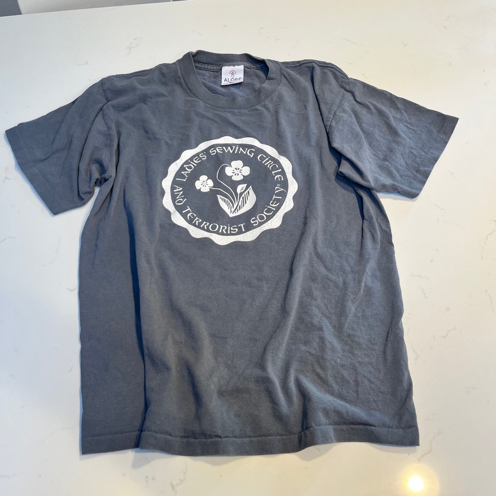 Vintage Alore Ladies Sewing Circle and Terrorist Society T-Shirt Gray Medium USA